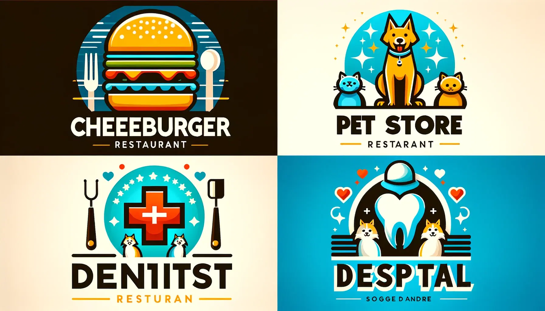 Versatile AI Logo Generator by Araby.ai: A Creative Collage of Industry-Specific Logos for Food, Pet Care, Dental Services, and Healthcare"